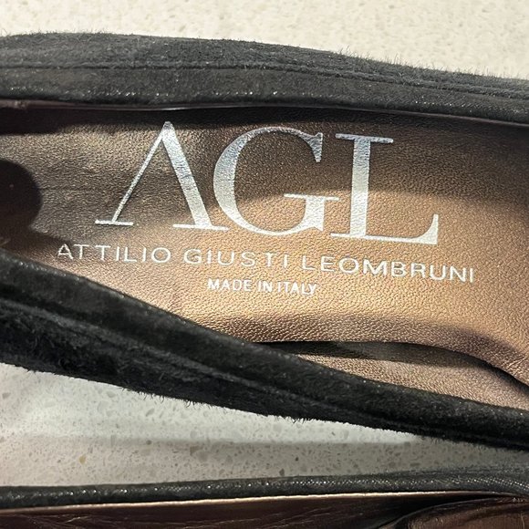 AGL Pump Black Leather Suede Shoes Round Toe Bow Accent Block Heels Sz 36 1/2 - Picture 10 of 14